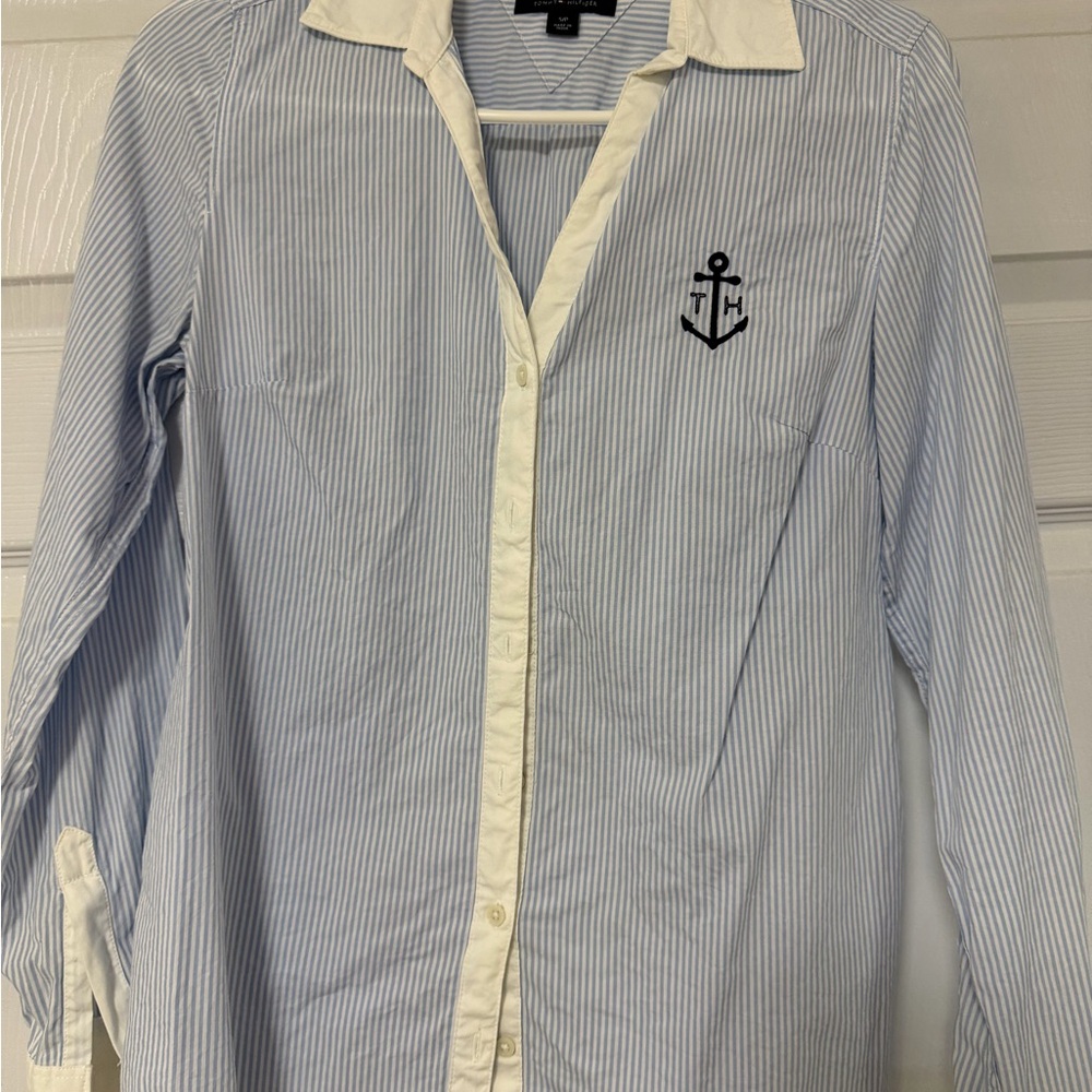 TOMMY HILFIGER Stripped Long Sleeveless Button-up Shirt White Blue Size S